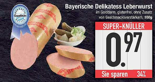 Bayerische Delikatess Leberwurst im Golddarm, glutenfrei, ohne Zusatz von Geschmacksverstärkern, 100g