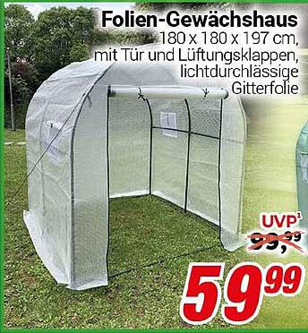 Folien-Gewächshaus 180 x 180 x 197 cm, mit Tür und Lüftungs-klappen, lichtdurchlässige Gitterfolie